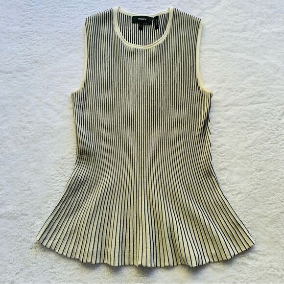 Theory Striped White Black Canelis Prosecco Peplum Tank | Small - Picture 2 of 10